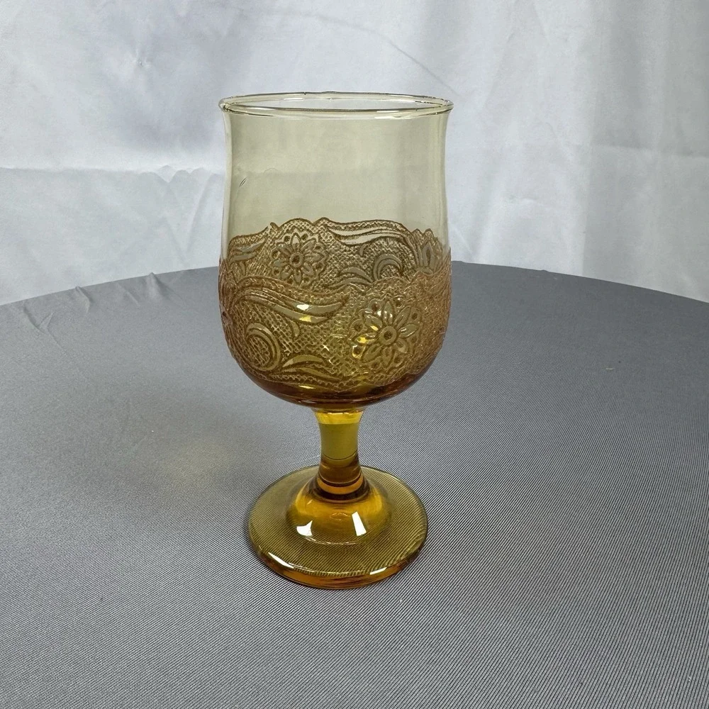 Vintage Libbey Floral Amber Glass Embossed Water Goblet Boho